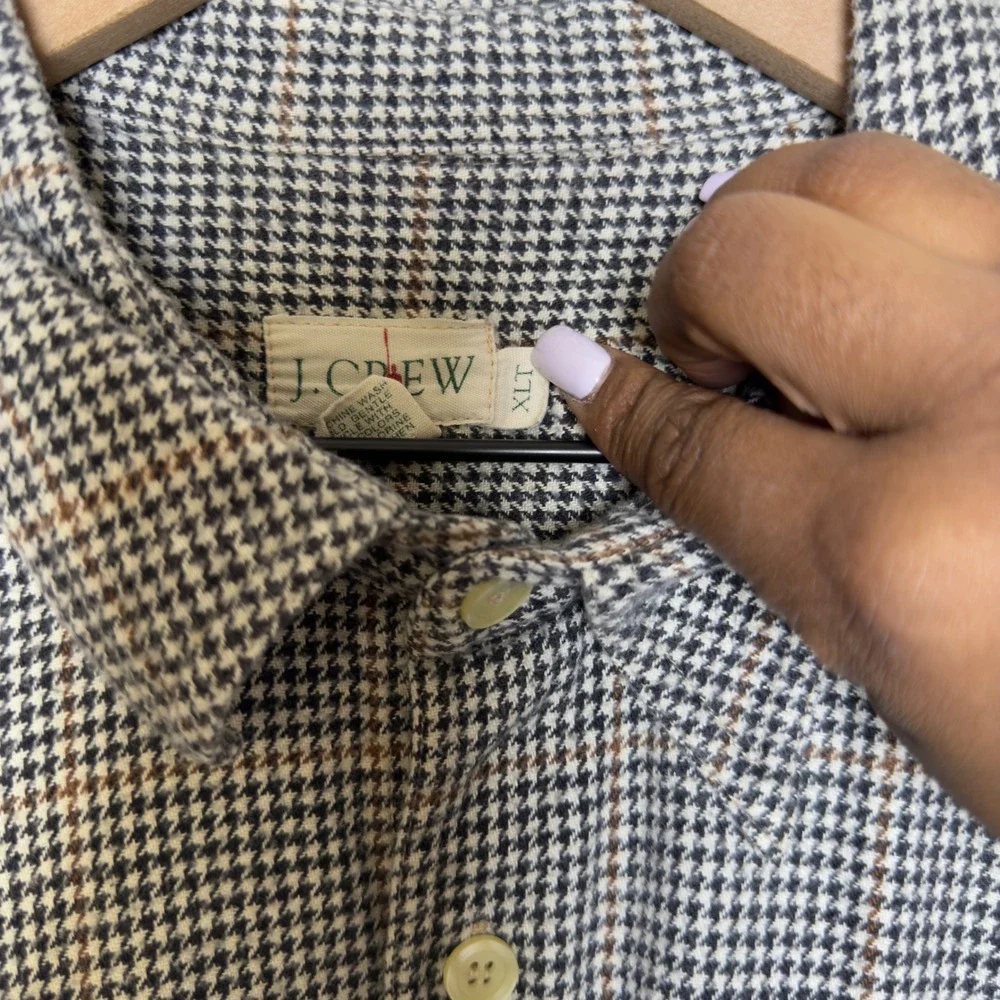 J. Crew Men Houndstooth‎ Button Front Long Sleeve Shirt XLT Plaid 100% Cotton